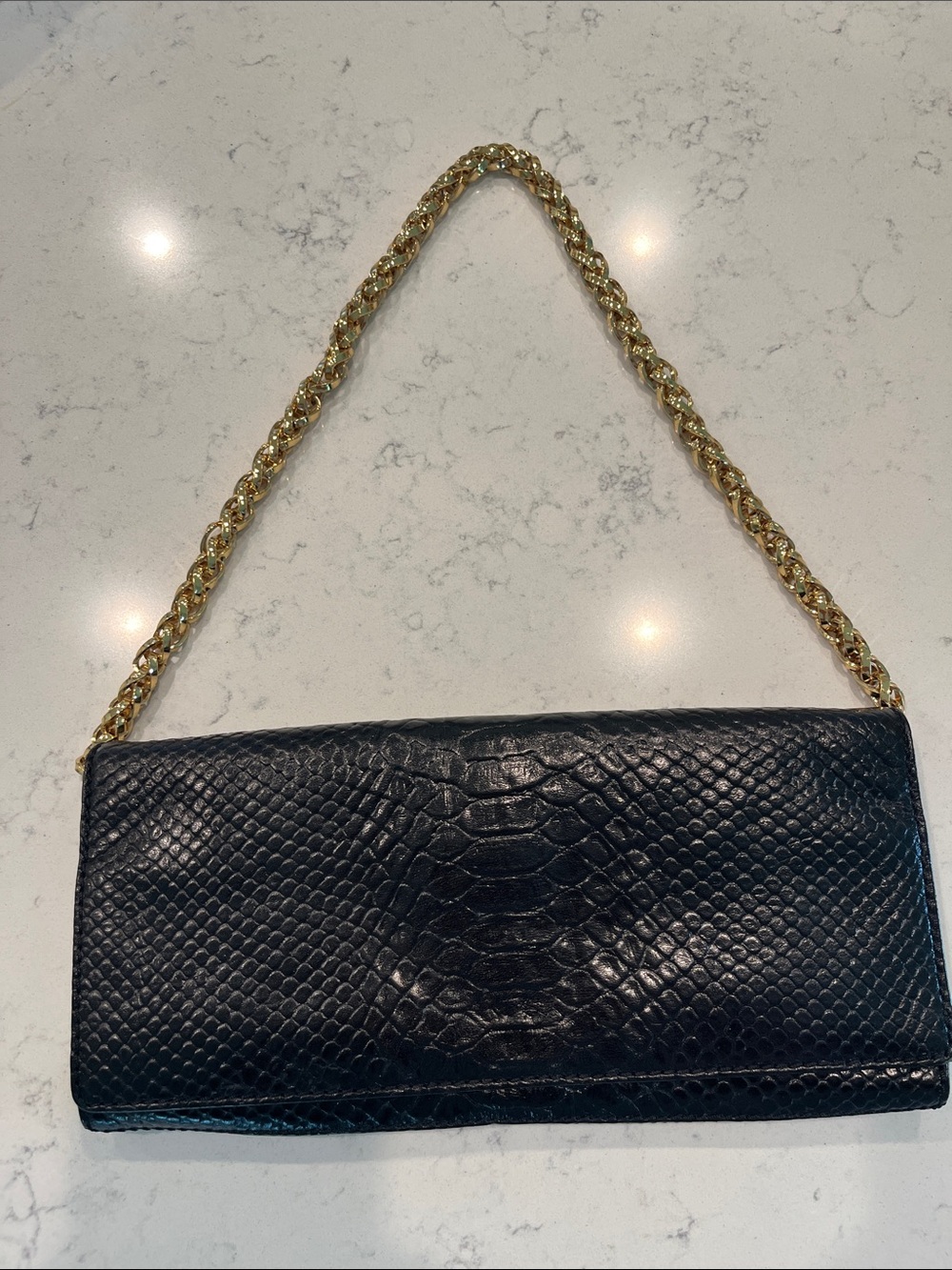 Hype Black Genuine Leather Snake Embossed Clutch with Gold Chain